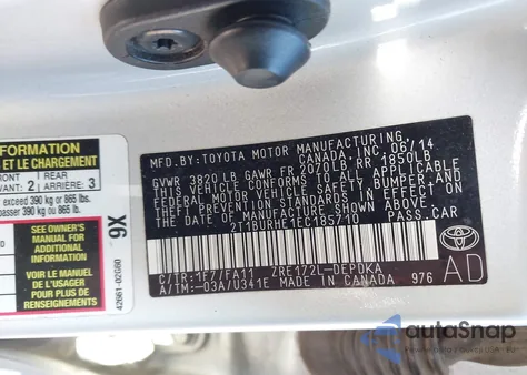 2014 Toyota Corolla L z USA, uszkodzony, nr VIN 2T1BURHE1EC185710